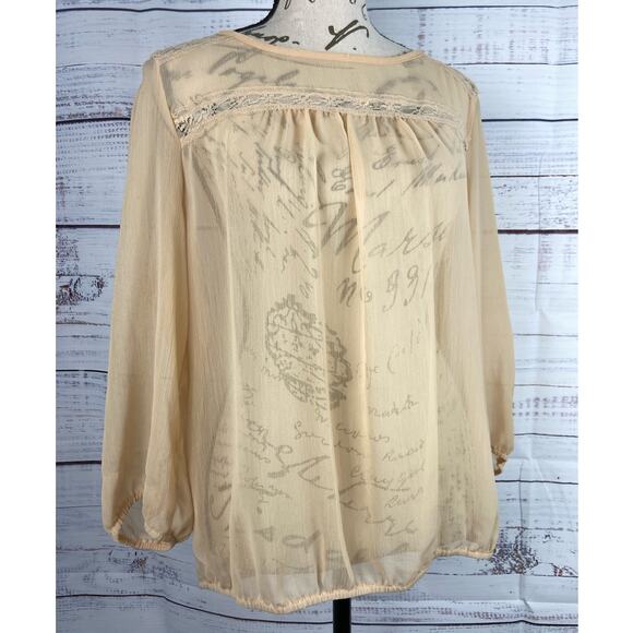 Lily White Blouse Top Womens L Sheer Chiffon Lace Keyhole 3/4 Sleeves Layering - Picture 1 of 10